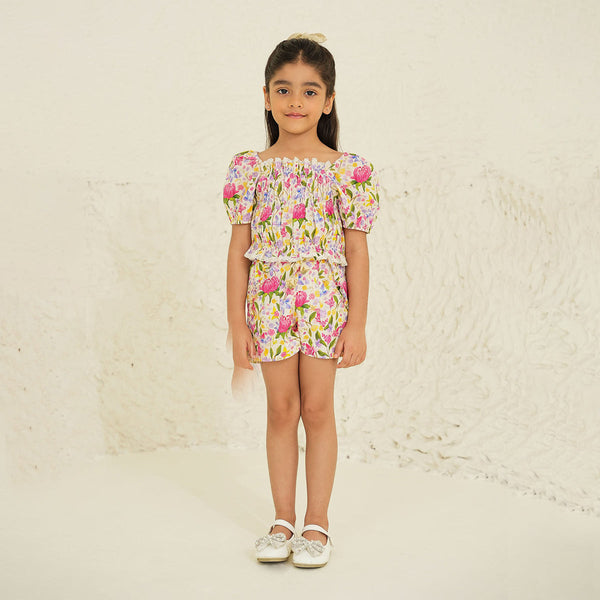 Cotton Top for Girls | Floral Print | Ecru Garden