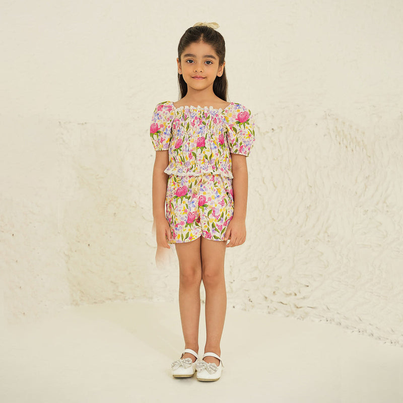 Cotton Top for Girls | Floral Print | Ecru Garden