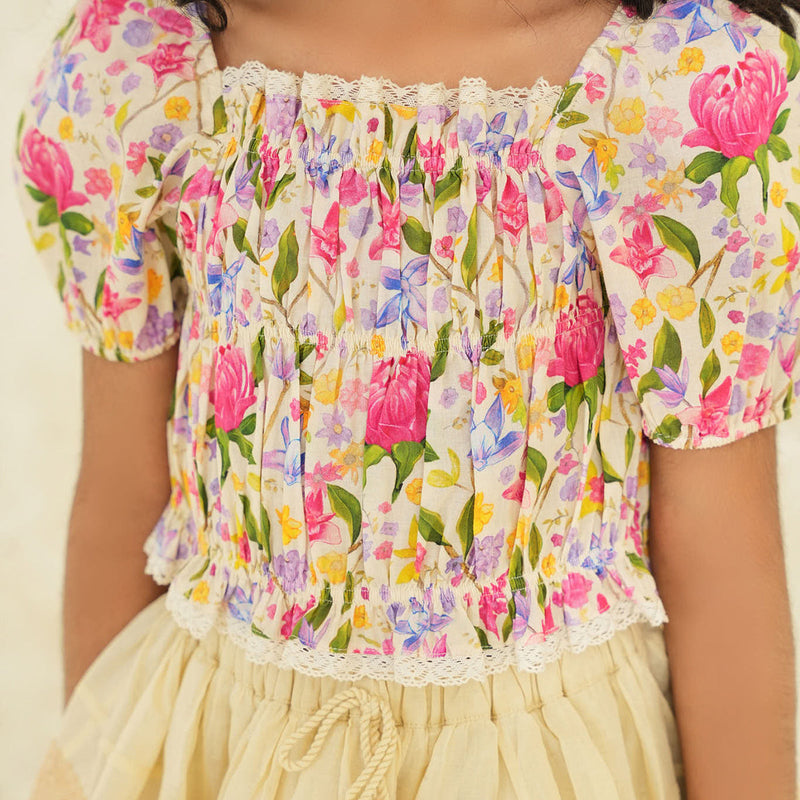 Cotton Top for Girls | Floral Print | Ecru Garden