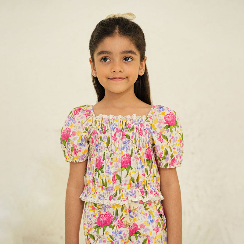 Cotton Top for Girls | Floral Print | Ecru Garden