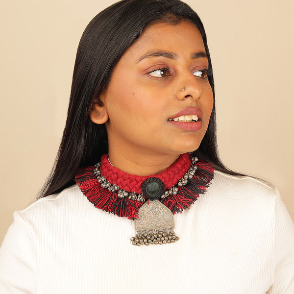 Handcrafted Choker Necklace | Braided Cotton Threads | Black & Maroon