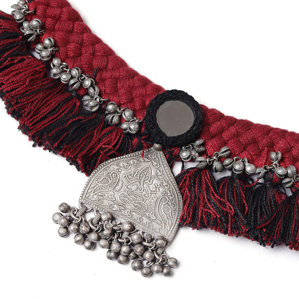 Handcrafted Choker Necklace | Braided Cotton Threads | Black & Maroon