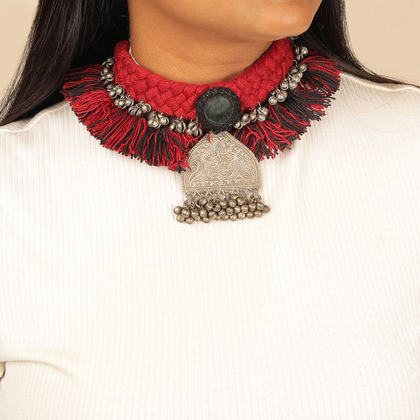 Handcrafted Choker Necklace | Braided Cotton Threads | Black & Maroon