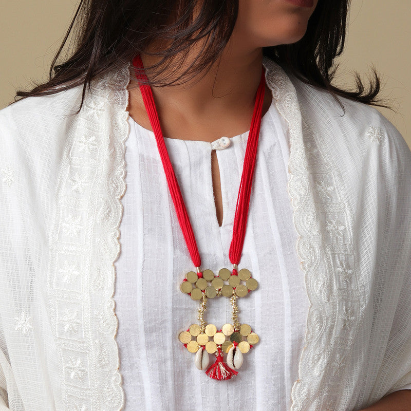 Brass Adjustable Necklace for Women | Red & Golden | Cotton Thread