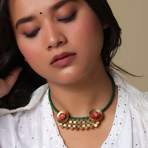 Brass Necklace for Women | Green & Golden | Cotton Thread