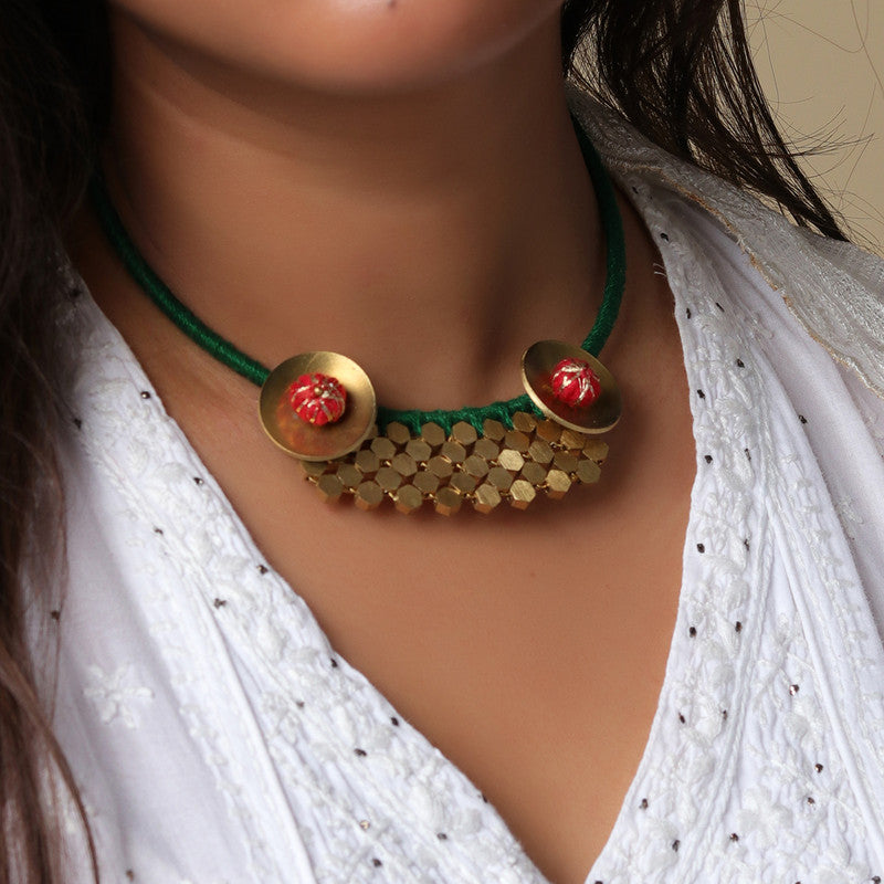 Brass Necklace for Women | Green & Golden | Cotton Thread