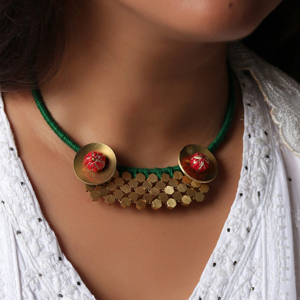 Brass Necklace for Women | Green & Golden | Cotton Thread