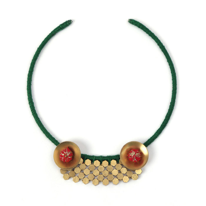 Brass Necklace for Women | Green & Golden | Cotton Thread