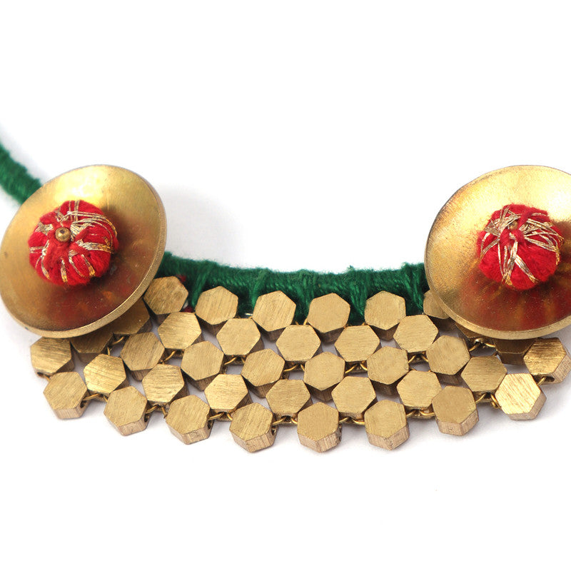 Brass Necklace for Women | Green & Golden | Cotton Thread