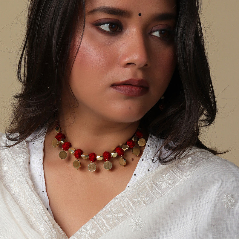 Brass Necklace for Women | Red & Golden | Cotton Thread