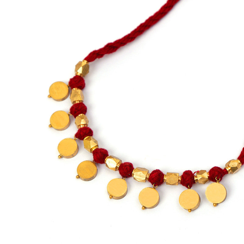 Brass Necklace for Women | Red & Golden | Cotton Thread