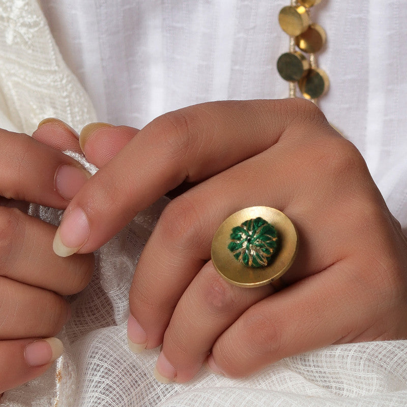 Brass Ring for Women | Green & Golden | Cotton Thread