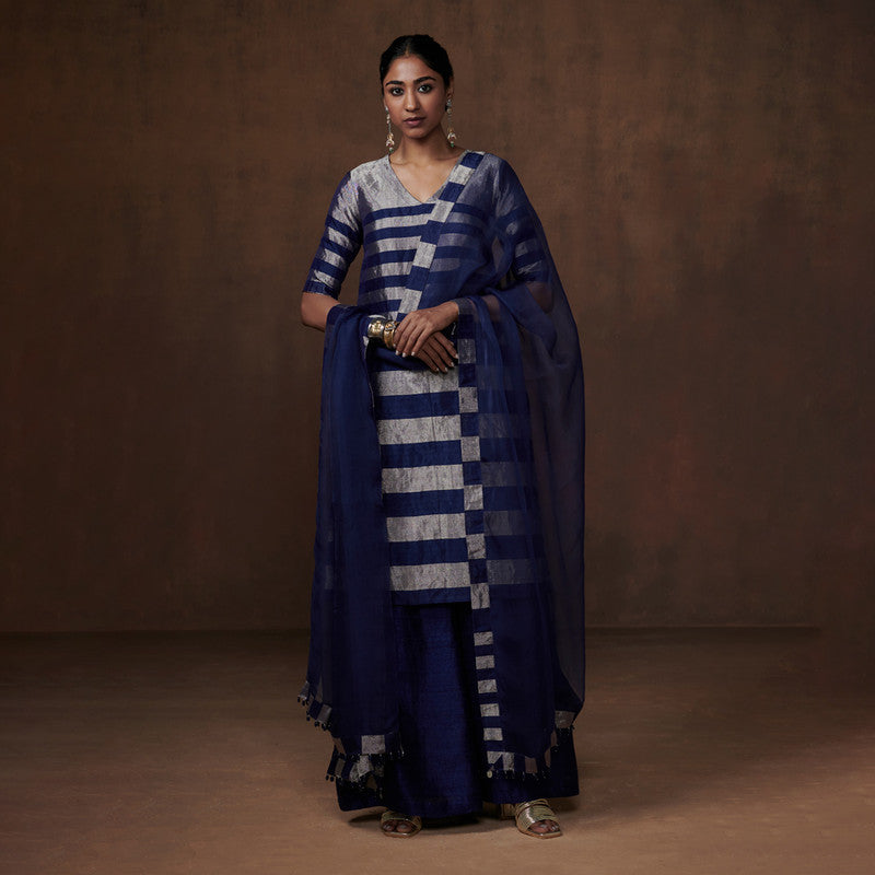 Chanderi Silk Women Kurta Set | Striped | Blue
