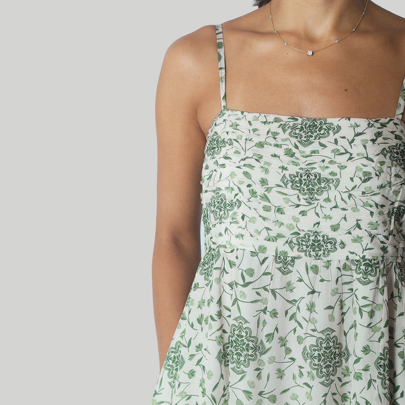 Bemberg Crepe Maxi Dress | Straps Sleeves | White & Green