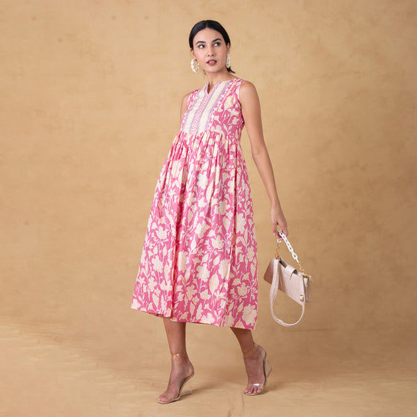 Cotton A-Line Dress for Women | Floral | Pink