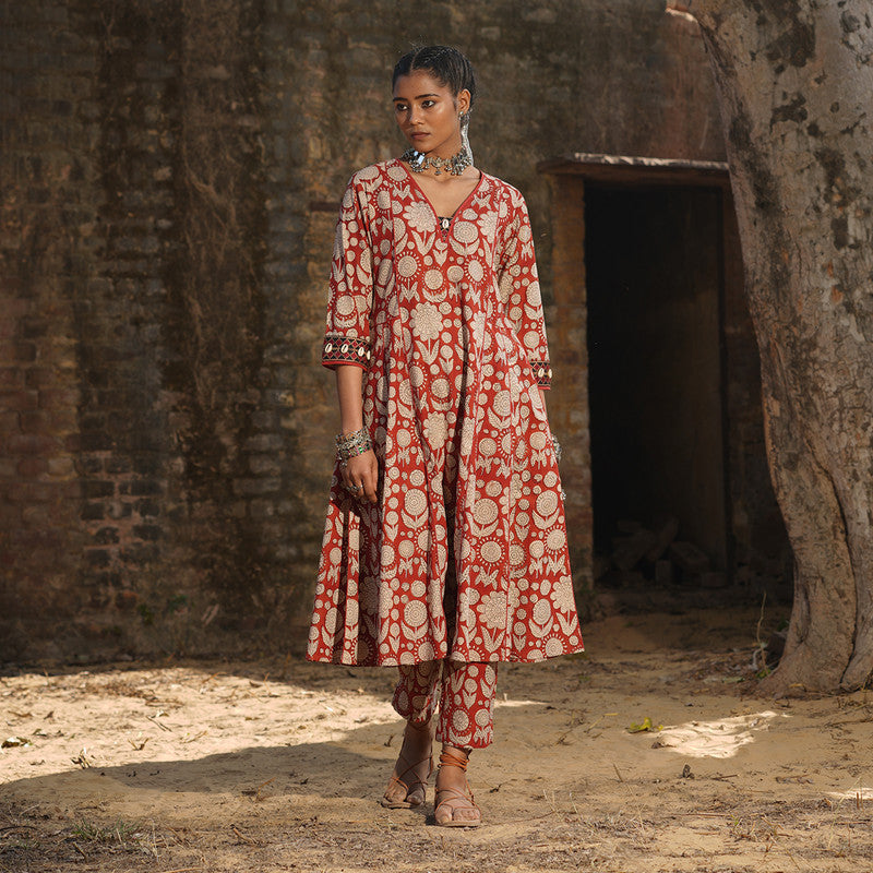 Cotton Embroidered Kurta Set | Block Printed | Brick Red