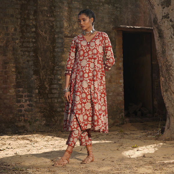 Cotton Embroidered Kurta Set | Block Printed | Brick Red