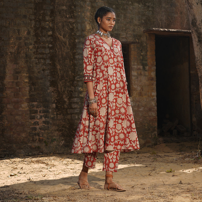 Cotton Embroidered Kurta Set | Block Printed | Brick Red