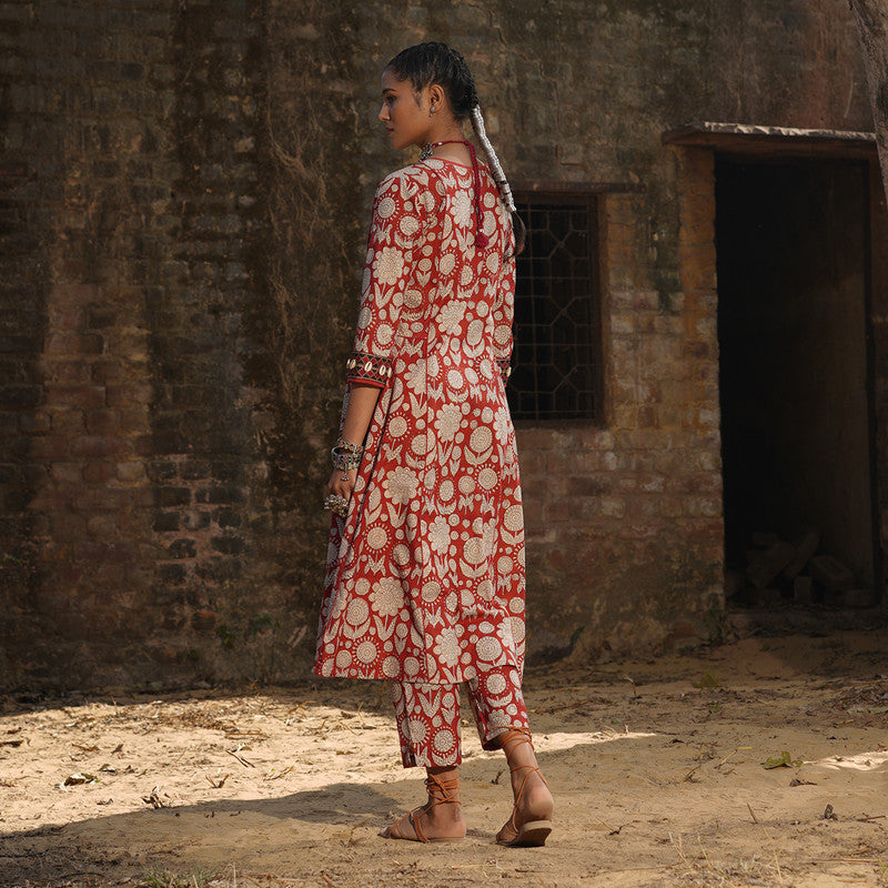 Cotton Embroidered Kurta Set | Block Printed | Brick Red