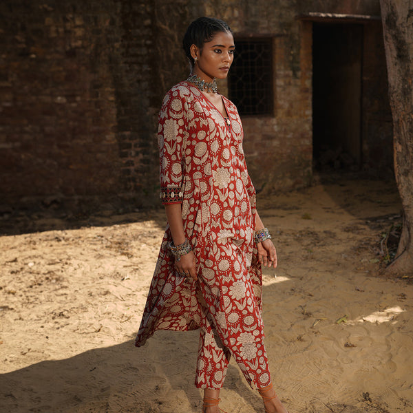 Cotton Embroidered Kurta Set | Block Printed | Brick Red