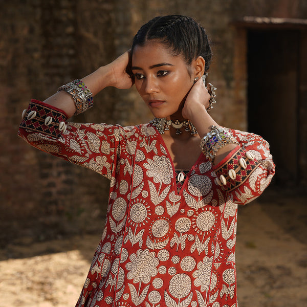 Cotton Embroidered Kurta Set | Block Printed | Brick Red