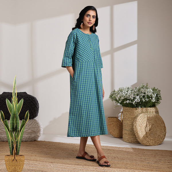 Women Cotton Dress | Checkered | Sage Green