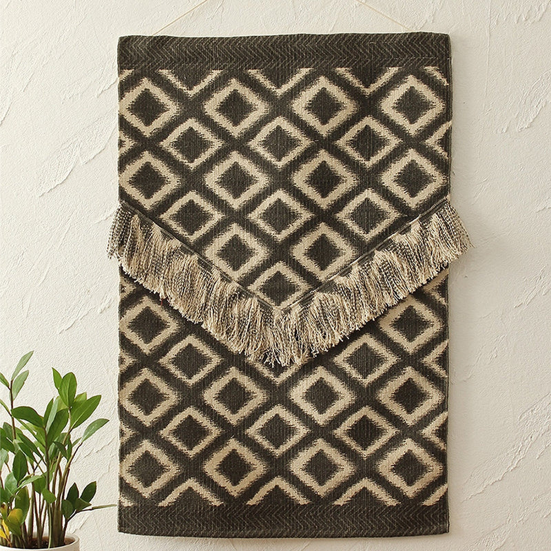 Cotton & Cane Wall Hanging | Woven Design | Grey | 38 x 19 cm