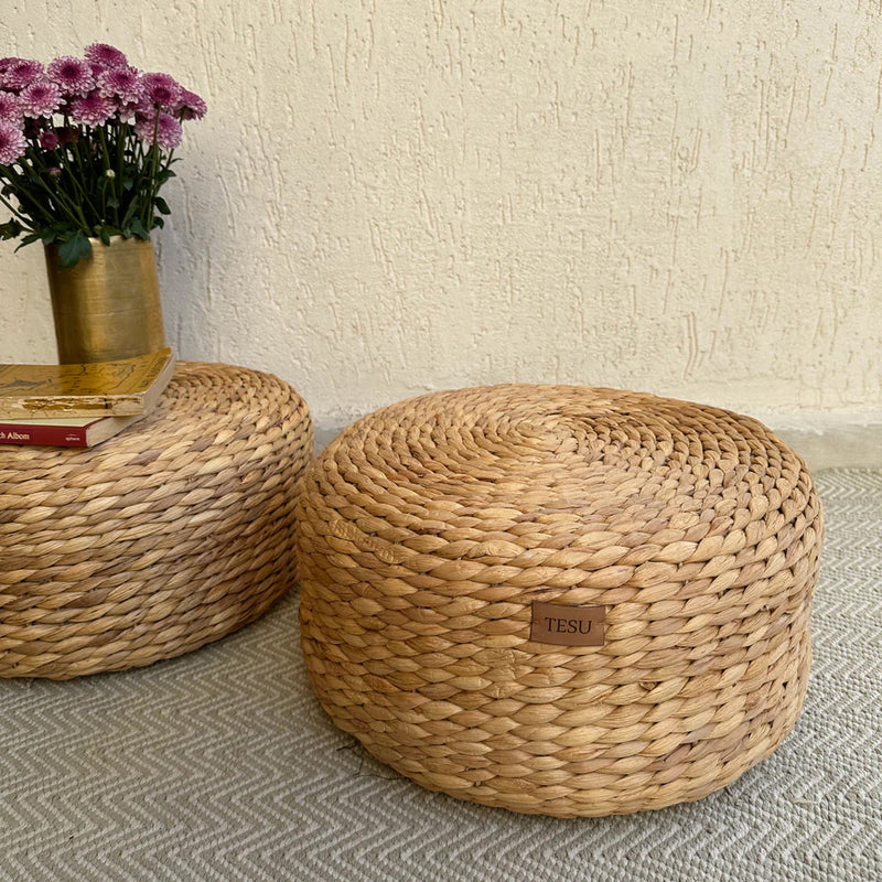 Seat Cushion Ottoman Stool | Water Hyacinth | Beige | 40 cm