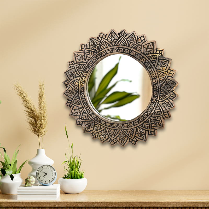 Wooden Carved Lotus Wall Mirror | Blue