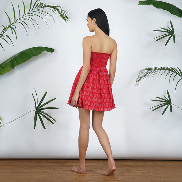 Red Ikat Short Dress For Women | Off-Shoulder