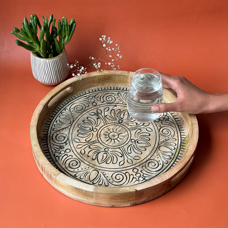 Wooden Carved Round Tray | Black