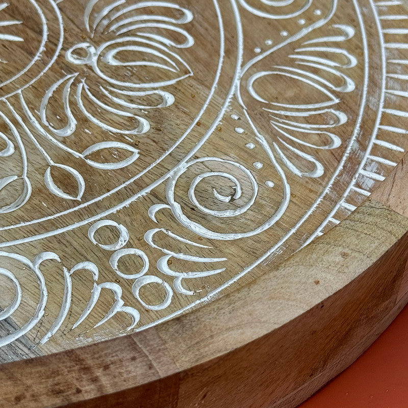 Wooden Carved Round Tray | White