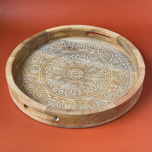 Wooden Carved Round Tray | White