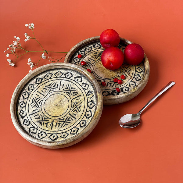 Wooden Carved Small Tray | Black | Set of 2