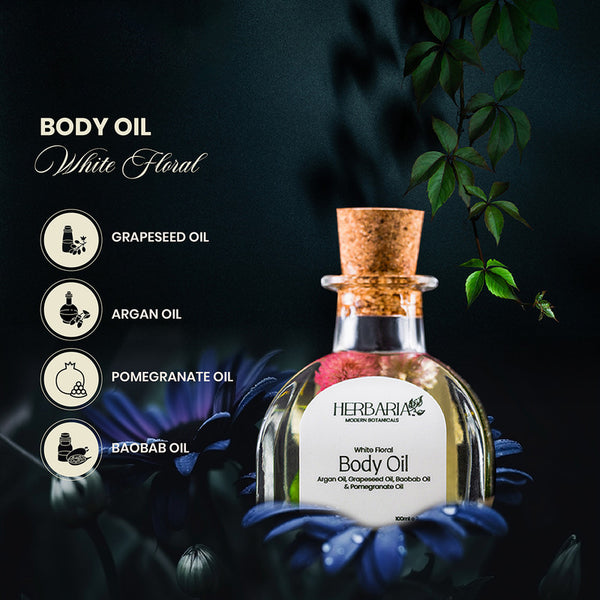 Body Oil | White Floral | Argan Oil, Grapeseed Oil & Pomegranate Oil | Skin Nourishing & Hydrating | 100 ml
