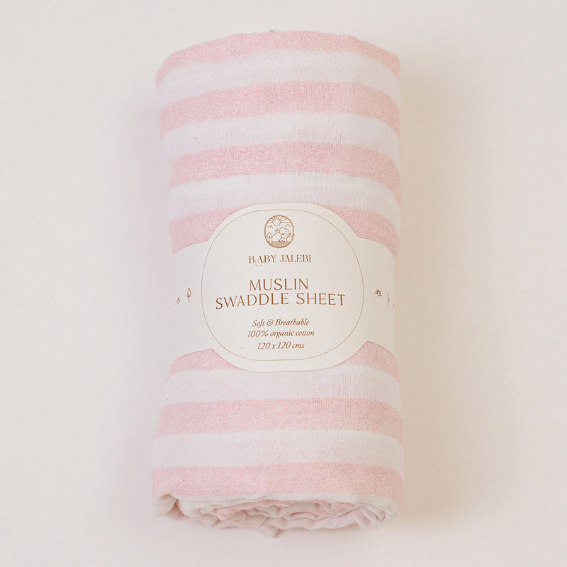 Organic Cotton Baby Swaddle | Bear Design & Striped | Multicolour | 120 x 120 cm | Set of 2.