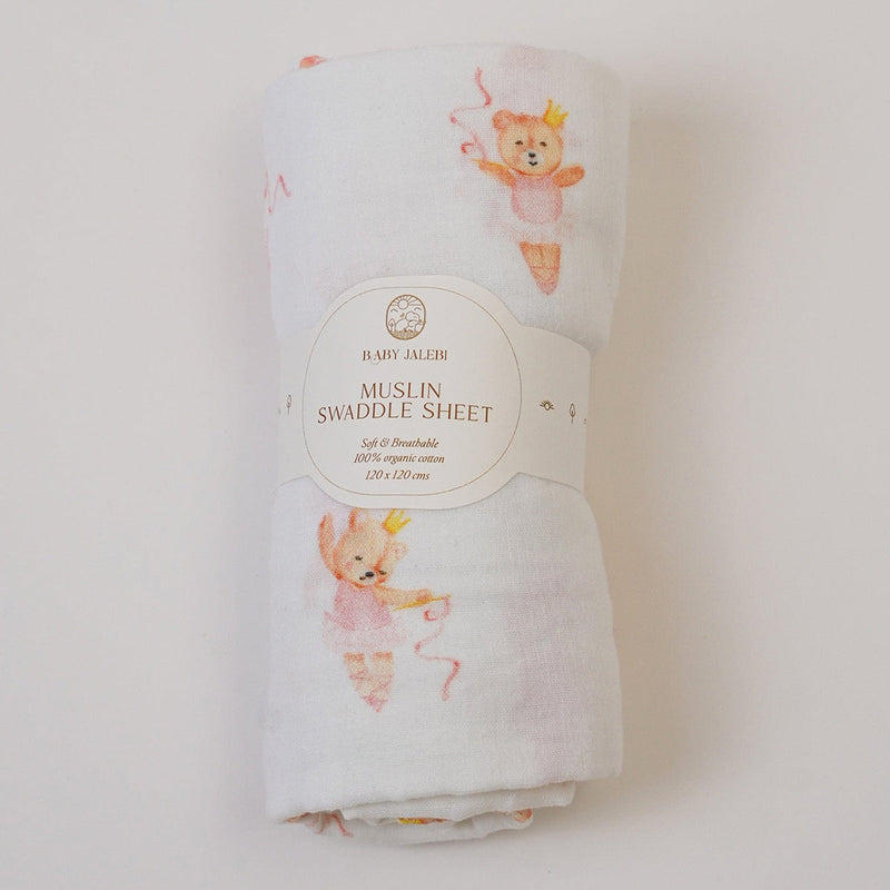 Organic Cotton Baby Swaddle | Bear Design & Striped | Multicolour | 120 x 120 cm | Set of 2.