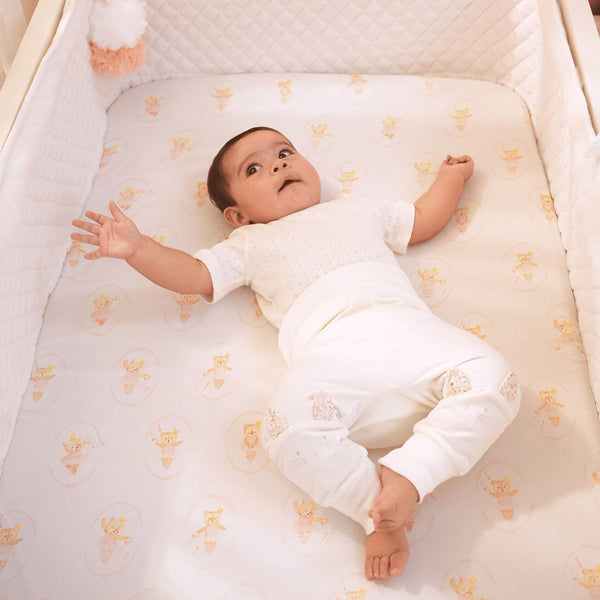 Organic Cotton Baby Cot Bed Sheet | Bear Design | Beige & White.