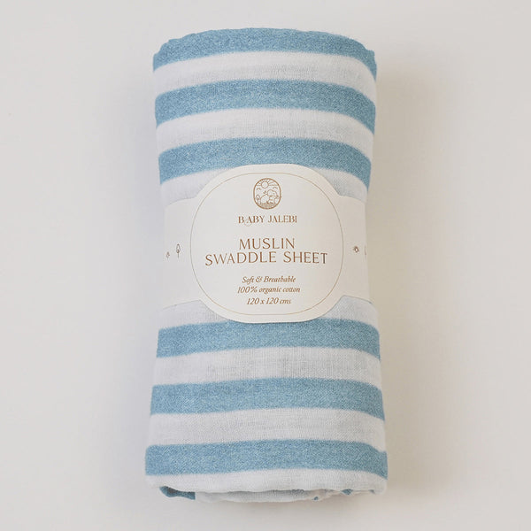 Organic Cotton Baby Swaddle | Striped | Blue & White | 120 x 120 cm | Set of 2.