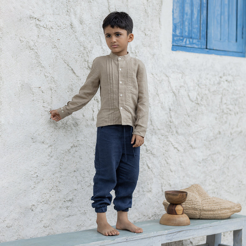 Linen Boys Shirt | Pleated | Dessert Brown