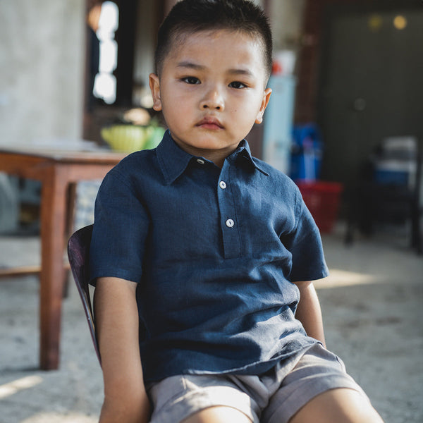 Linen Boys Polo T-Shirt | Half Sleeves | Blue