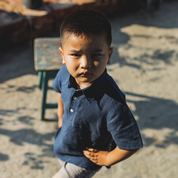 Linen Boys Polo T-Shirt | Half Sleeves | Blue