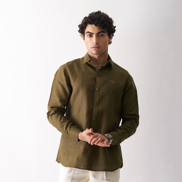 Linen Shirt for Men | Full Sleeves | Olive Green