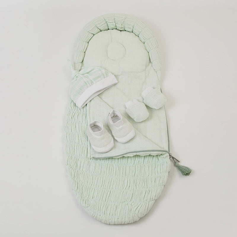 Gifts for Newborn Baby | Swaddling Sheet & Blanket | Cap Mittens Booties Set | Sleeping Bag | Green & Beige | Set of 6.