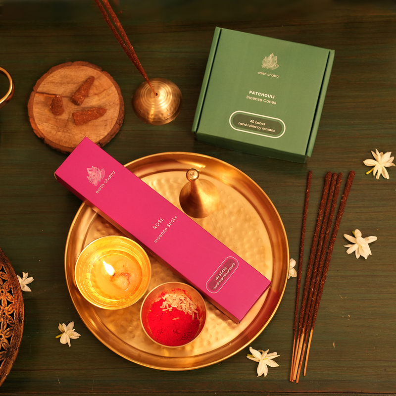 Hammered Pooja Thali with Rose Incense Sticks & Patchouli Cones