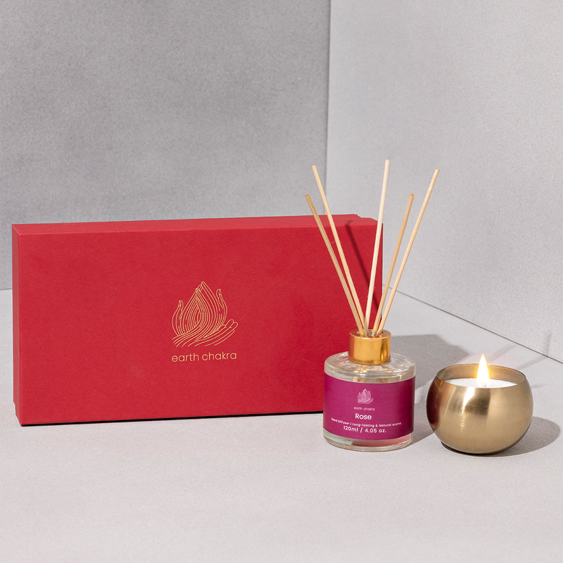 Rose Reed Diffuser & Brass Candle | Set of 2 | Aromatherapy Gift Box | Diwali Gift Hamper