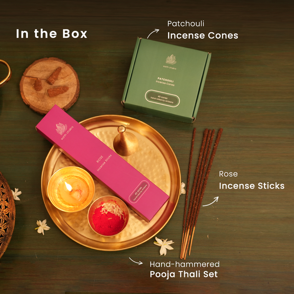 Hammered Pooja Thali with Rose Incense Sticks & Patchouli Cones | Non-Toxic