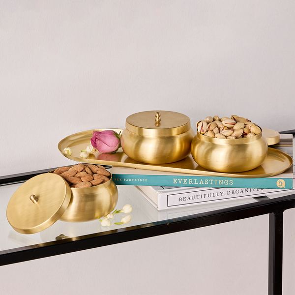 Brass Dry Fruit Bowls with Tray | Set of 3 | Wedding Gifts