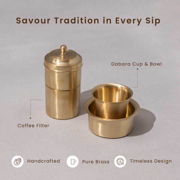 Brass Filter Coffee & Dabara Set | Gold | Set of 3 | Diwali Gift Box