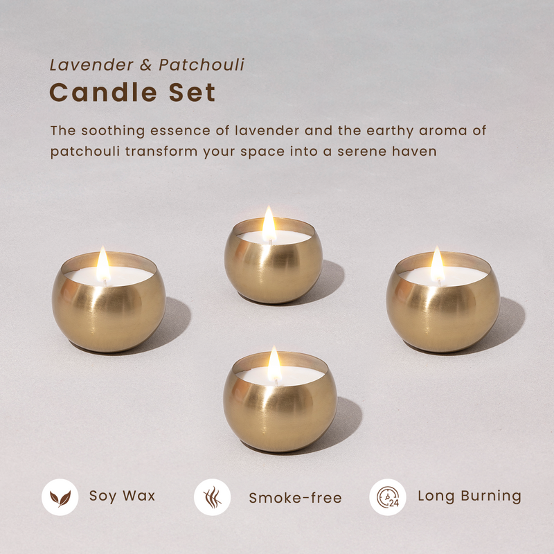 Brass Soy Wax Candles | Set of 4 | Lavender & Patchouli | Diwali Gift Box